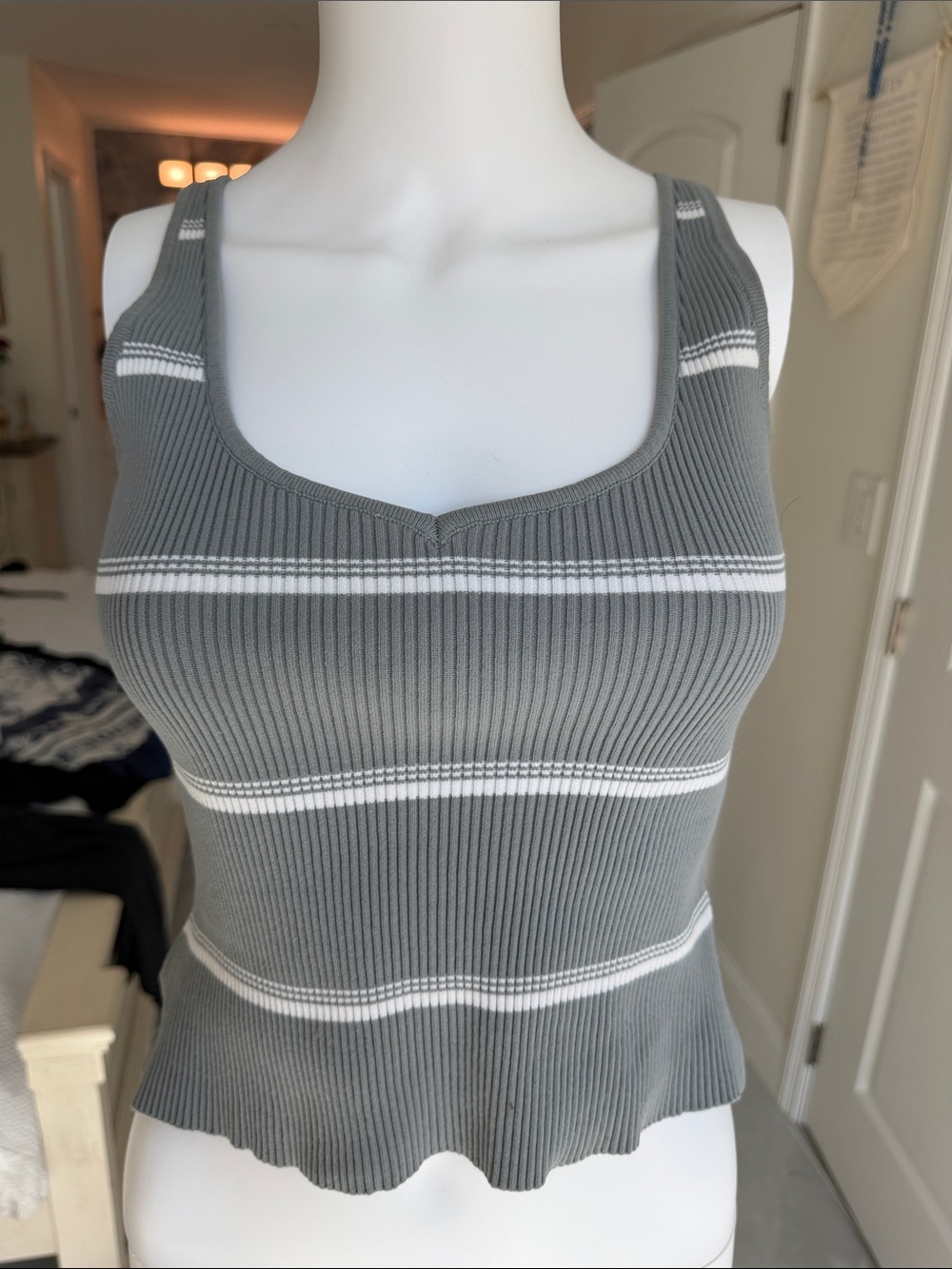 Sincerely Jules Ribbed Scoop Neck Tank Top in Gray with White Stripes